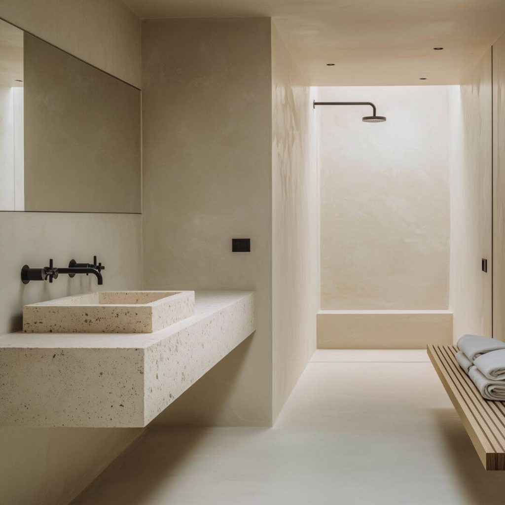 Cuarto de baño minimalista en tonos piedra con lavabo integrado y grifería negra, reforma integral en Carmona - Sevilla.