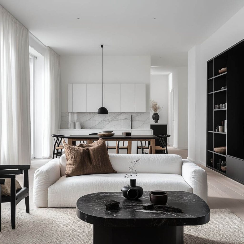 Salón contemporáneo en Sevilla con sofá modular blanco, mesa baja en piedra volcánica y contraste arquitectónico en blanco y negro – Proyecto Negro & Albo.