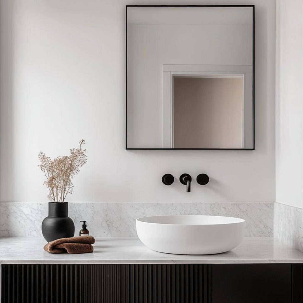 Baño minimalista con lavabo sobre encimera de mármol y grifería negra empotrada – elegancia atemporal en interiores sevillanos.