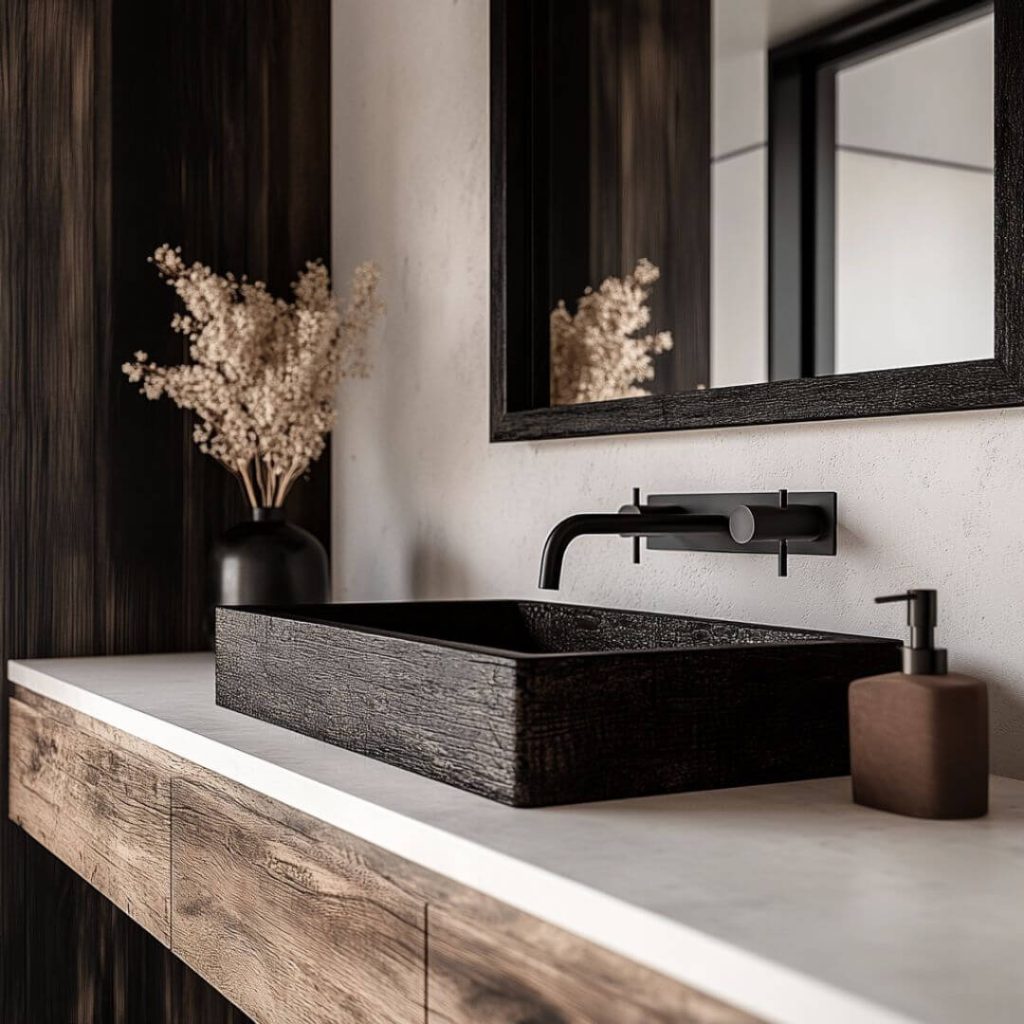 Lavabo de madera natural con grifería negra y espejo enmarcado – contraste matérico en baño contemporáneo.