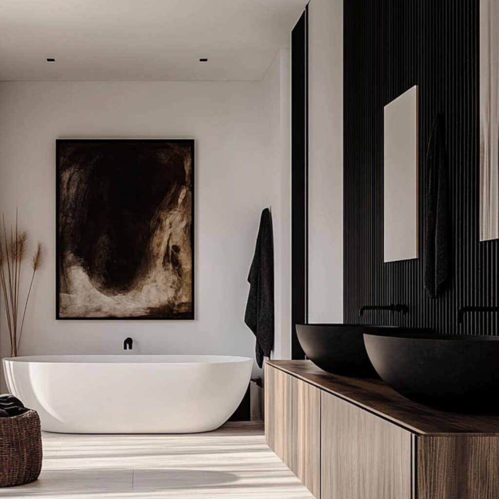 Baño de diseño con bañera exenta y cuadro en tonos tierra, iluminación suave y estética sobria – Proyecto integral en Sevilla.