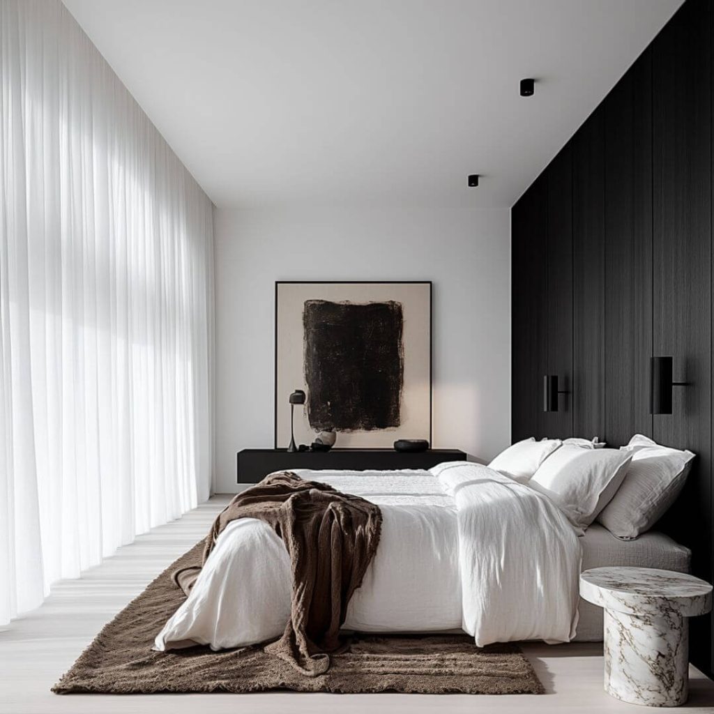 Dormitorio minimalista con pared en madera negra, textiles cálidos y composición monocromática – Interiorismo elegante en Sevilla.