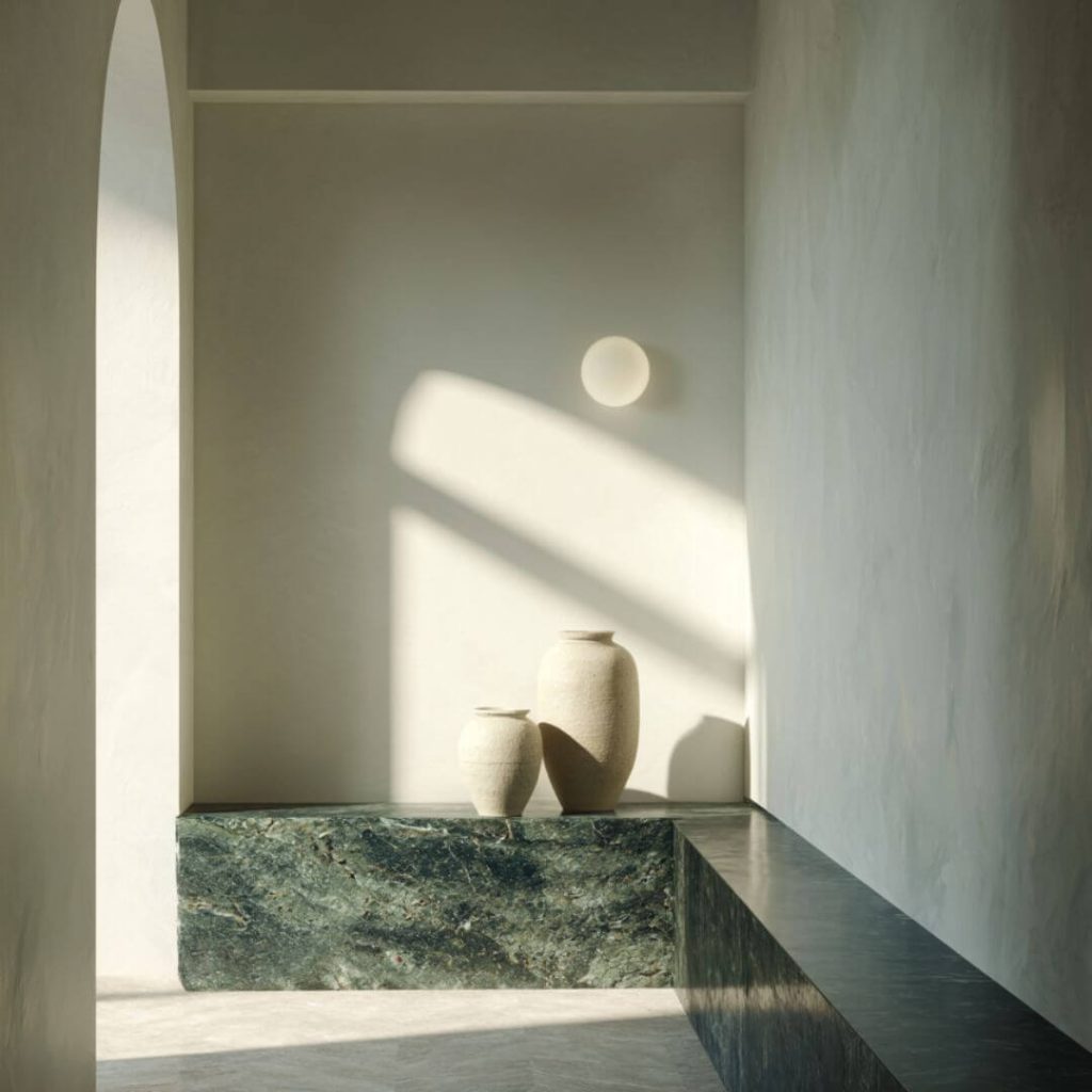 Banco de mármol verde con piezas cerámicas. Proyecto Mentidero, Fran Linares – Diseño de interiores. Interiorismo Cádiz.