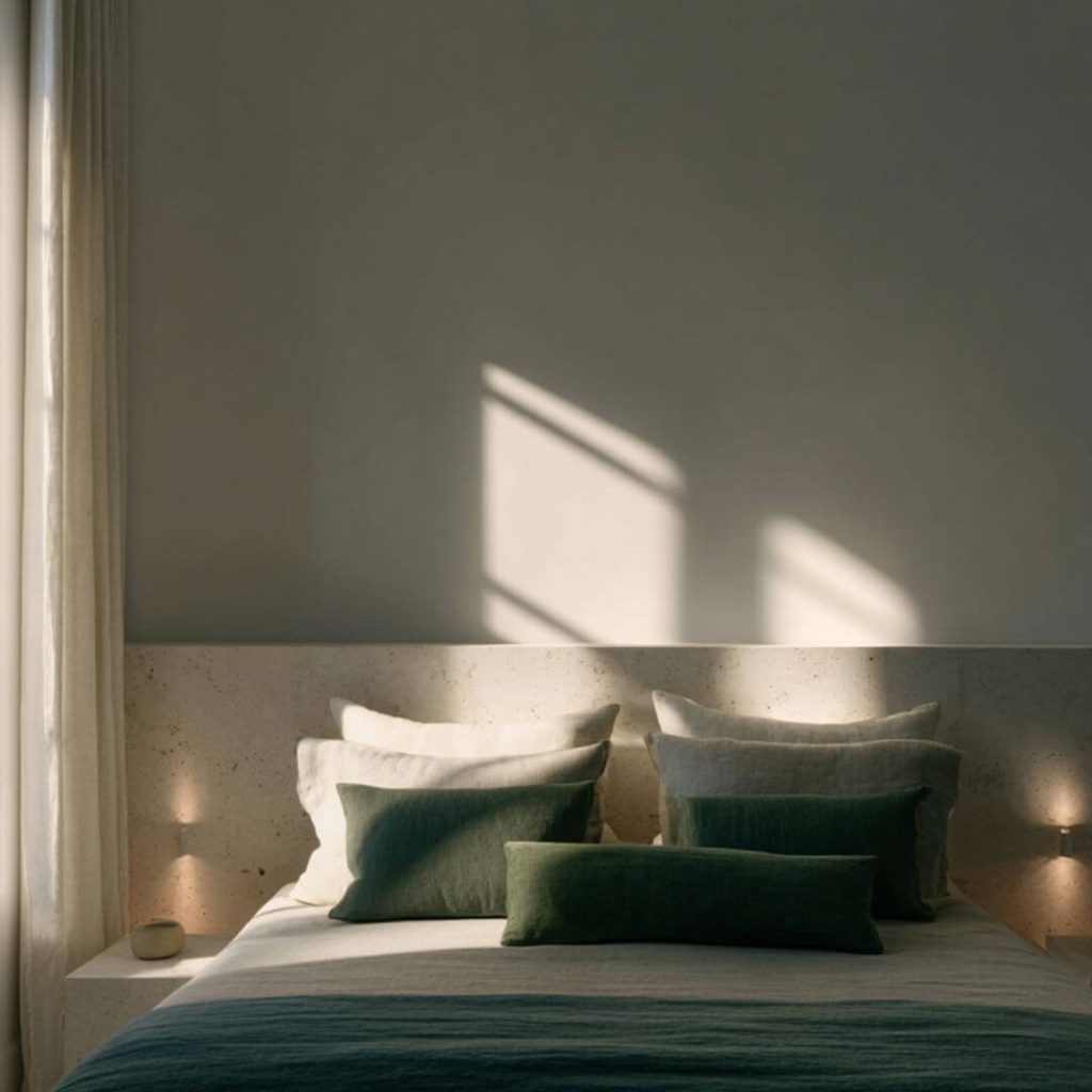 Dormitorio del Proyecto Mentidero con cabecero de piedra y textiles neutros. Interiorismo sereno y cálido en Cádiz.