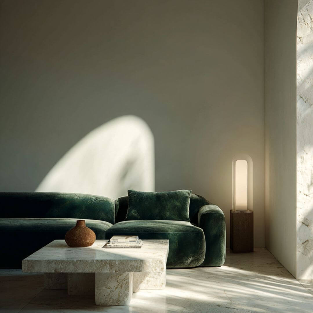 Salón del Proyecto Mentidero en Cádiz, con sofá verde musgo, mesa de piedra travertino y luz natural. Interiorismo de Fran Linares – Diseño de interiores.