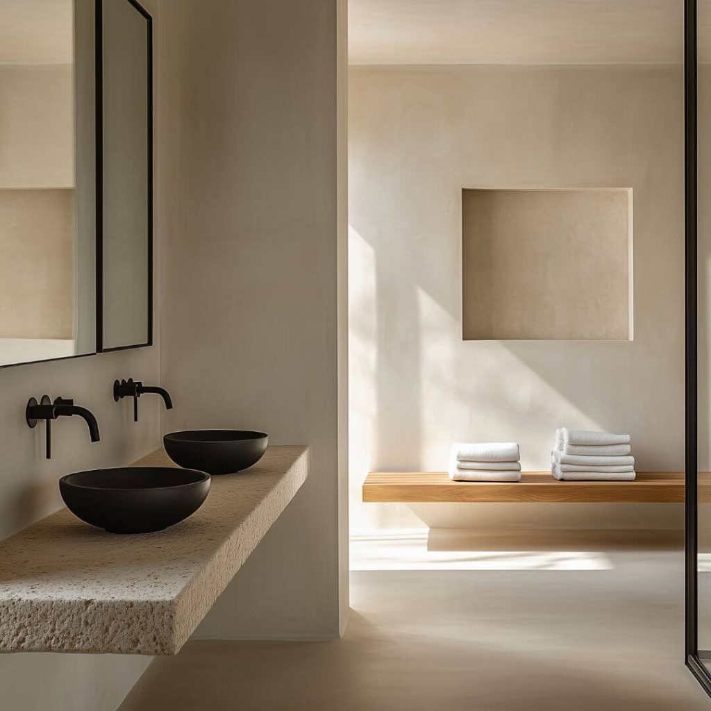 Baño en suite con encimera de microcemento y banco integrado, diseño funcional y artesanal en casa sevillana.