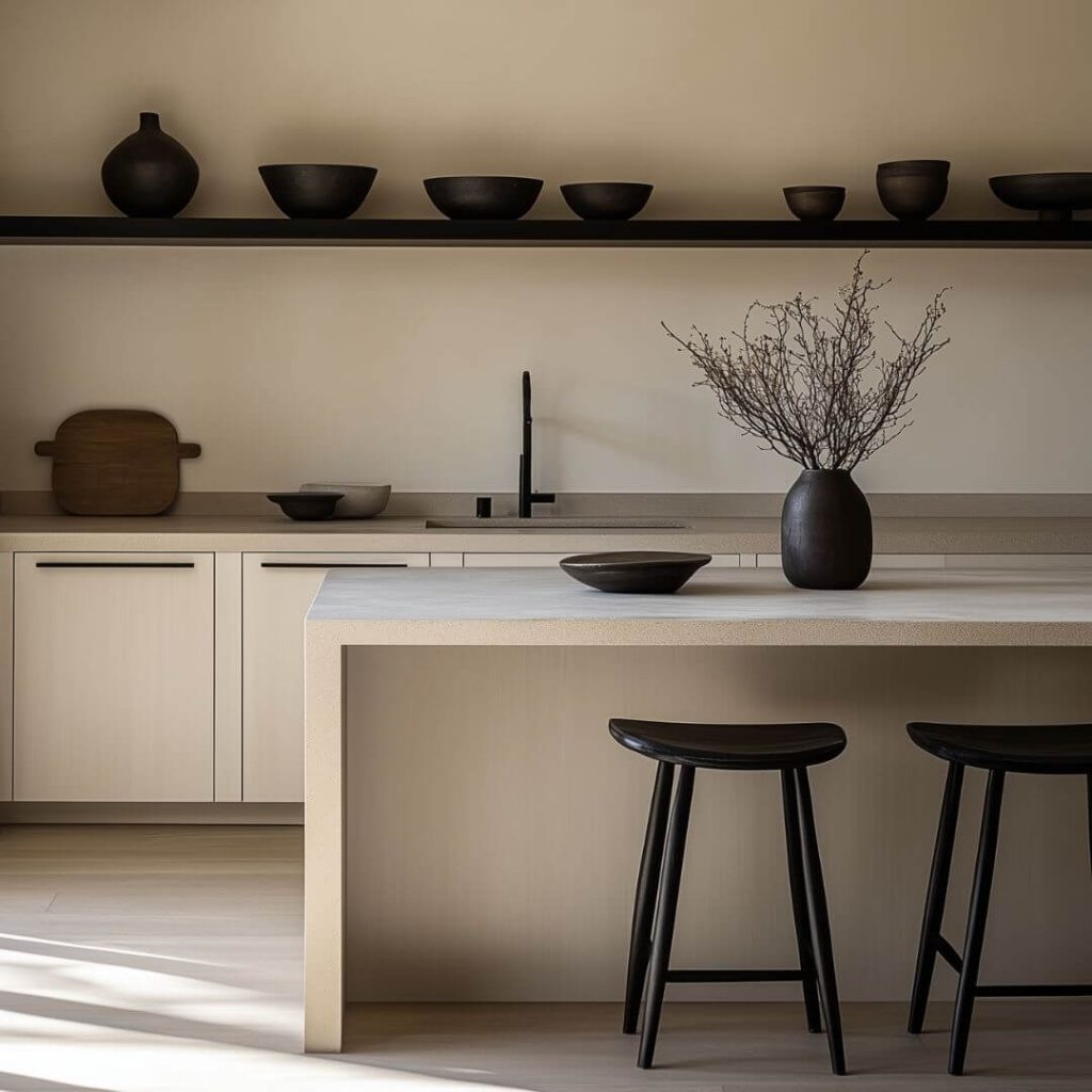 Cocina contemporánea con isla central y vajilla artesanal, diseño de interiores en casa sevillana rehabilitada.