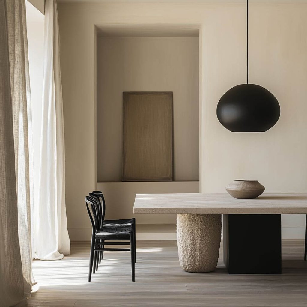 Comedor elegante con mesa redonda negra y luminaria escultórica, diseño sobrio en vivienda tradicional andaluza.