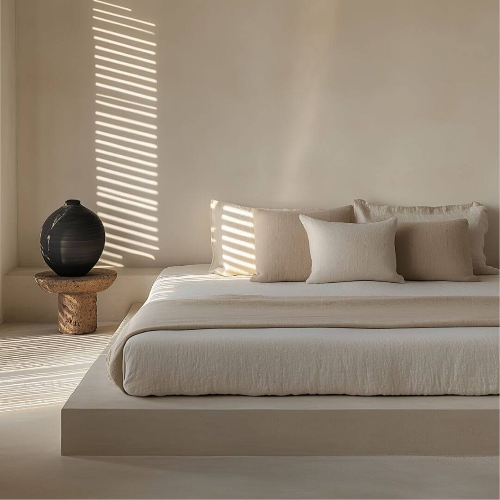 Dormitorio sereno con cama a ras de suelo y paleta neutra, interiorismo contemporáneo con raíz andaluza.
