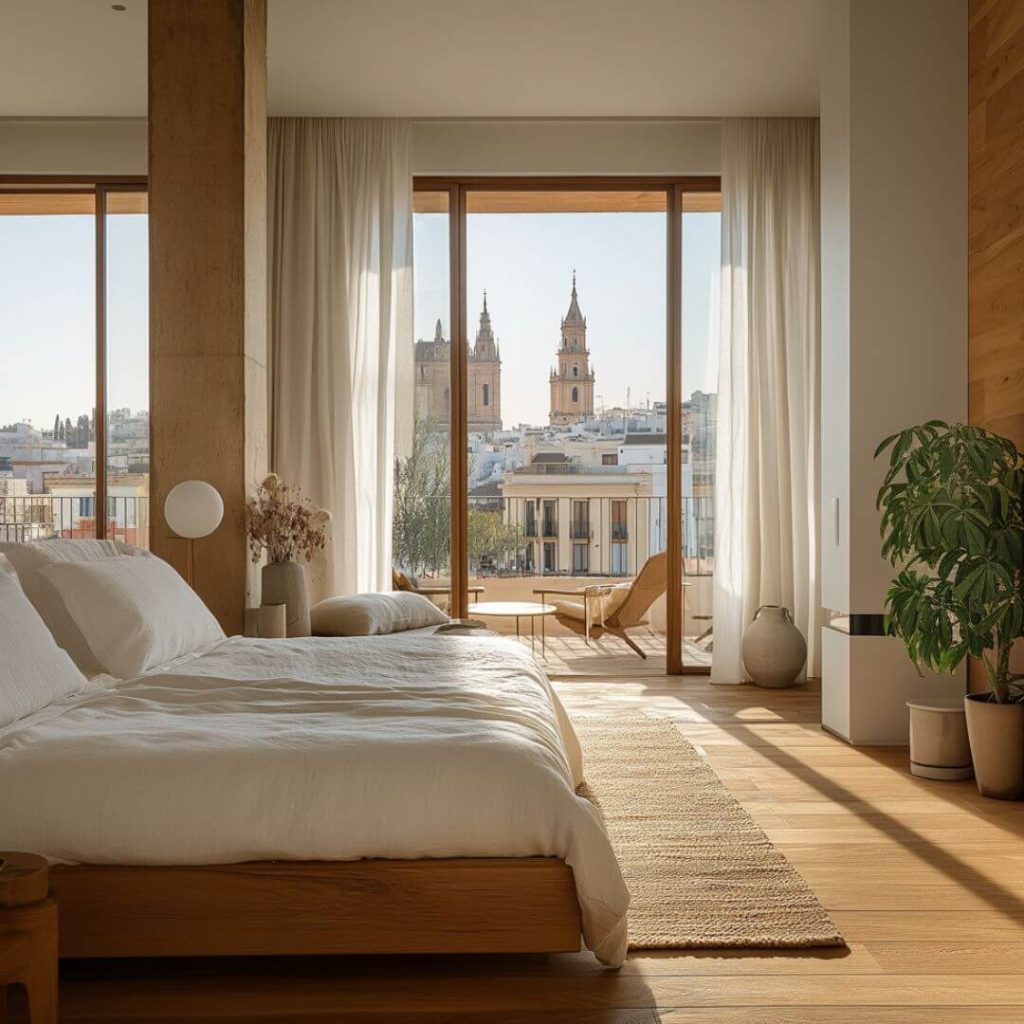 Dormitorio principal con vistas panorámicas a las torres de Écija, interiorismo cálido en tonos neutros, cama de lino y mobiliario en madera natural.