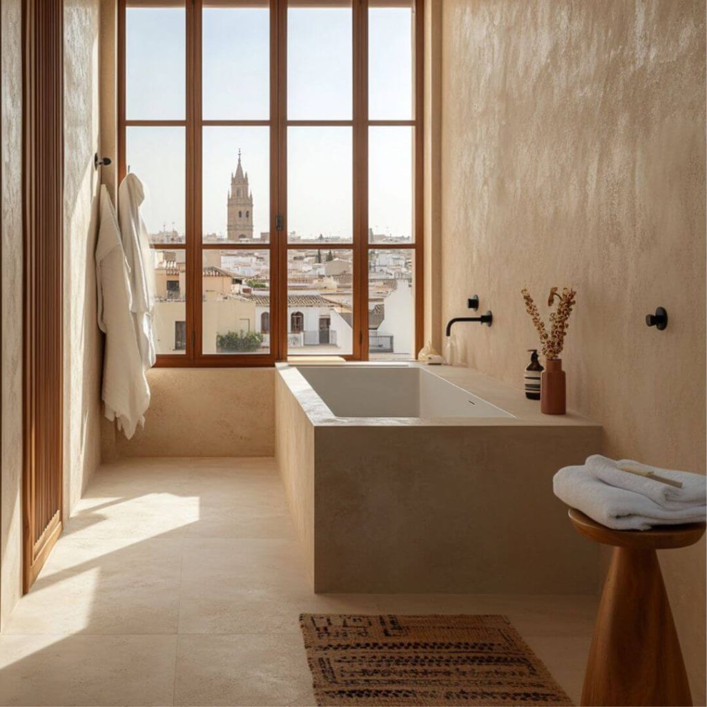 Baño con bañera exenta, acabado en piedra beige y vistas directas a la iglesia de Écija desde un ventanal vertical.