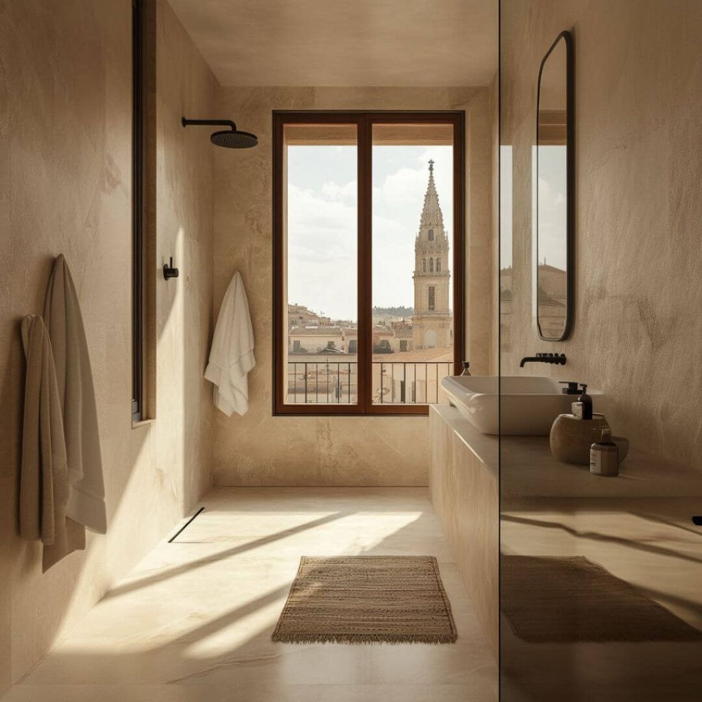 Baño reformado con ventana arqueada y vistas al centro histórico de Écija, revestimientos de microcemento beige y grifería empotrada en negro.