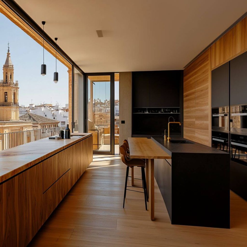Cocina contemporánea con isla central, muebles en madera oscura y ventanas correderas con vistas al casco antiguo de Écija.