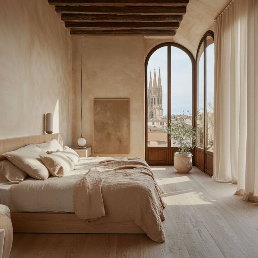 Dormitorio de estilo mediterráneo con techos de madera, paredes en estuco claro y textiles en lino natural.