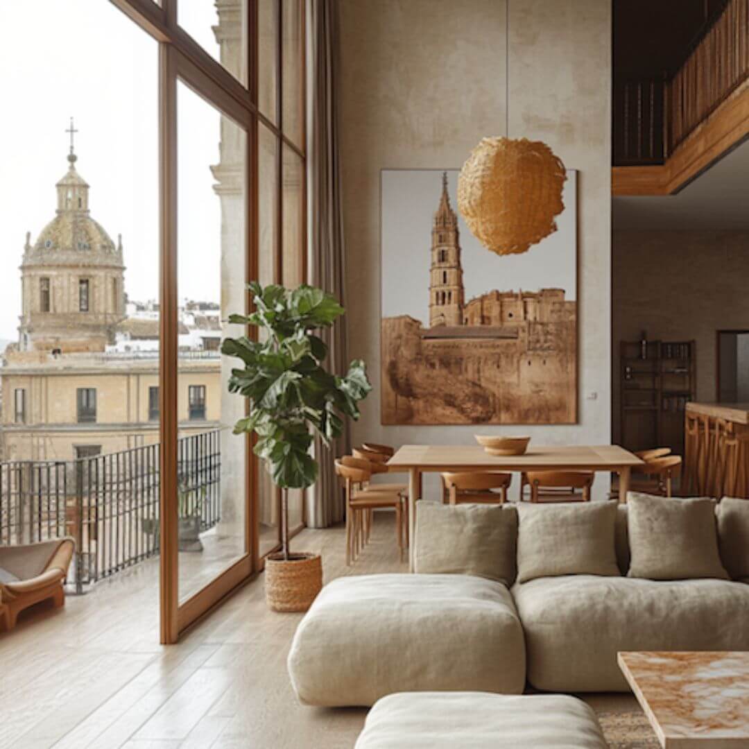 Salón-comedor diáfano con sofá modular y mesa de comedor frente a ventanales con vistas a la cúpula barroca de Écija.