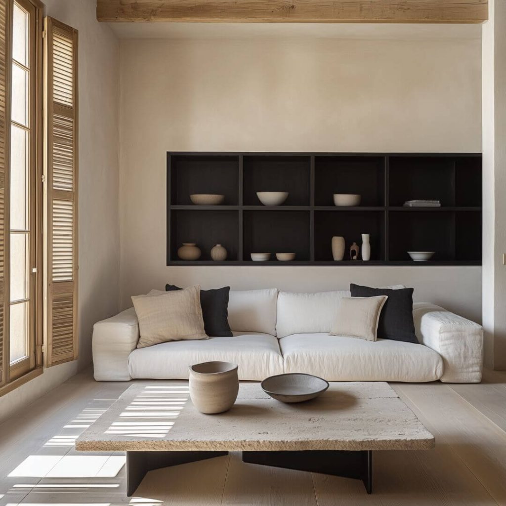 Salón con sofá blanco y mesa de centro en piedra natural, junto a estantería empotrada con cerámicas artesanales y luz lateral entrando por persianas mallorquinas. Carmona - Sevilla