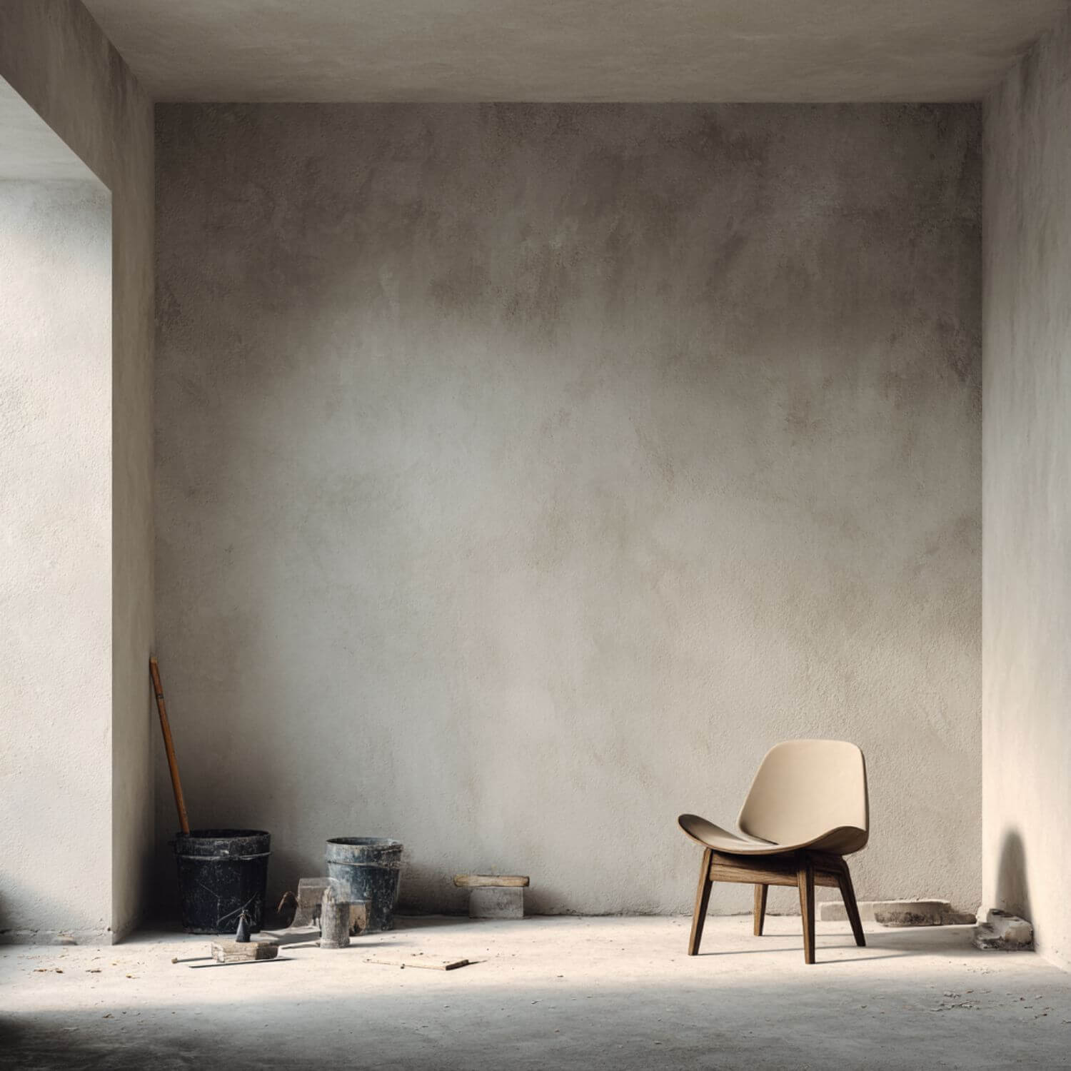 Interiorista en Sevilla. Obra limpia con cubos de material y silla sobre pavimento sin terminar.