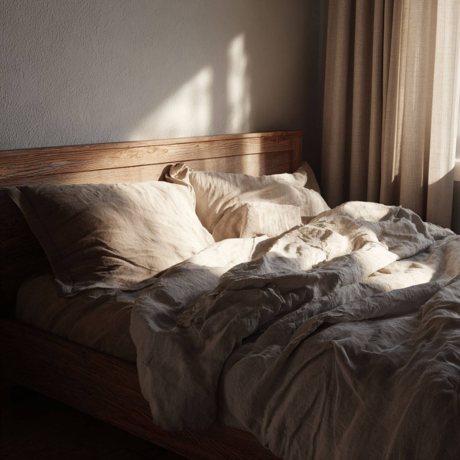 Dormitorio realista, minimalista y cálido, diseñado para descansar de verdad, con luz natural, materiales nobles y sin decoración artificial.
