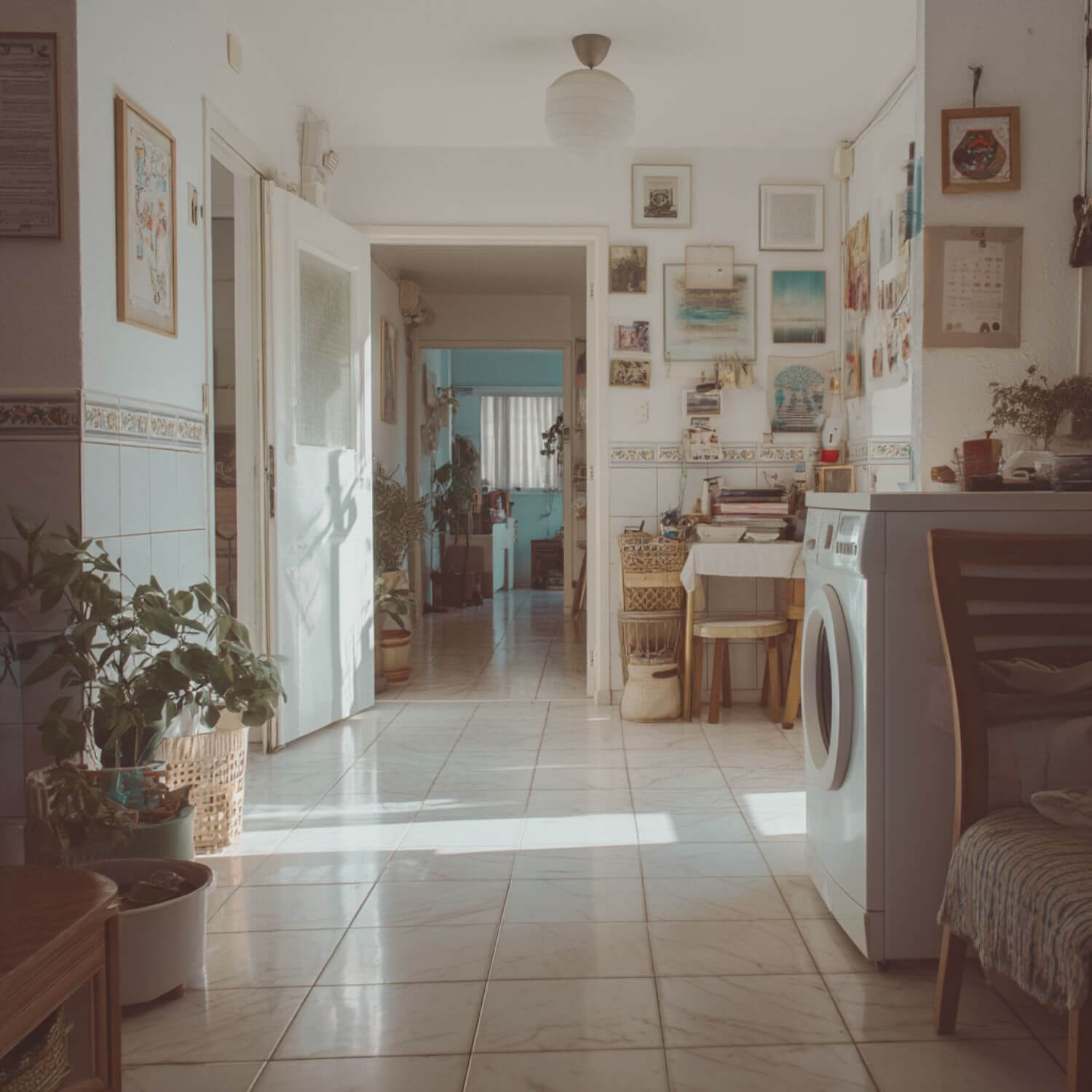 Interior de piso en Sevilla con galería, lavadora y salón estrecho, con luz natural y decoración sencilla. Imagen realista para artículo sobre casas difíciles de habitar.