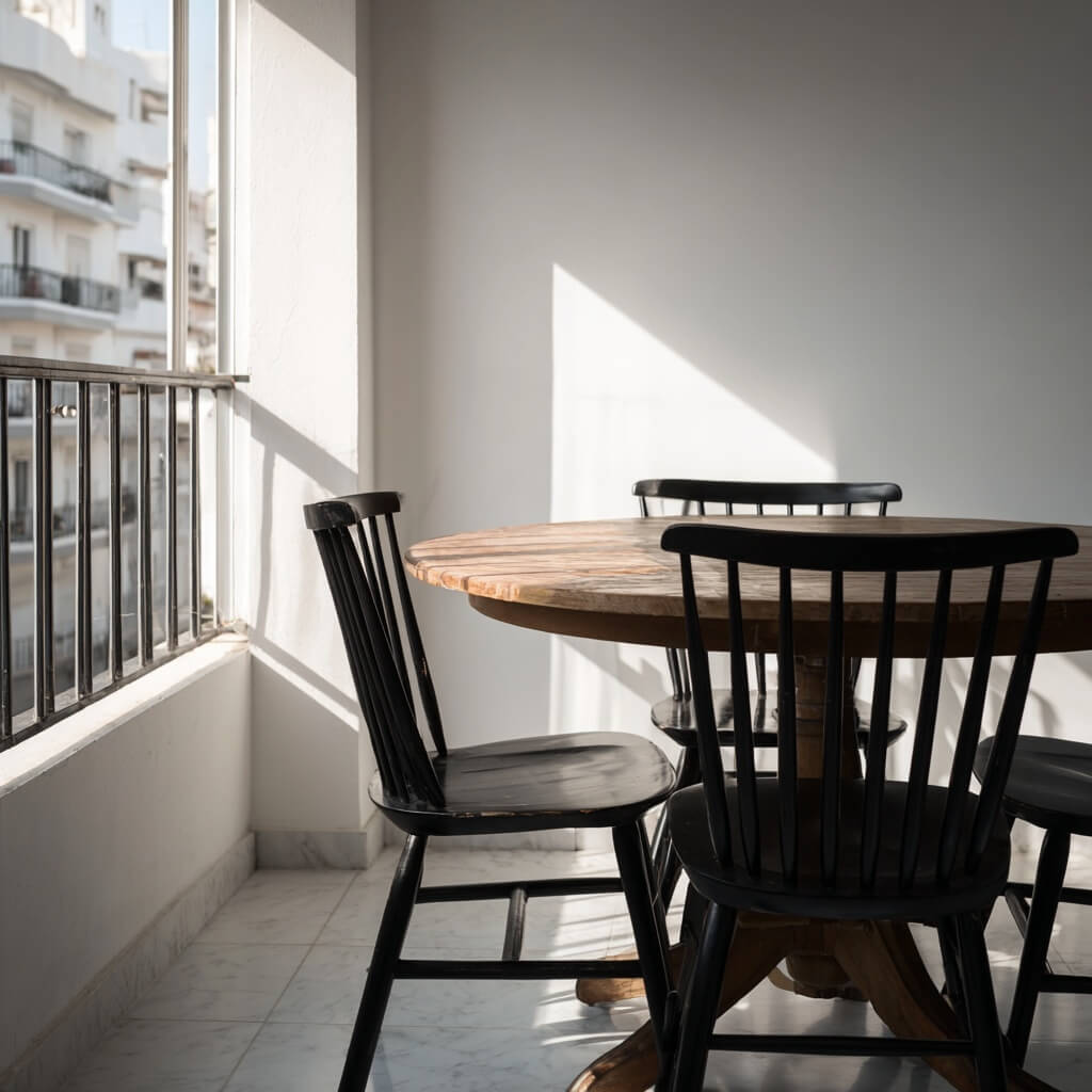 Mesa redonda de madera con cuatro sillas negras en un comedor minimalista en Sevilla, iluminado por la luz natural que entra desde el balcón. Diseño sobrio y cálido de Fran Linares.