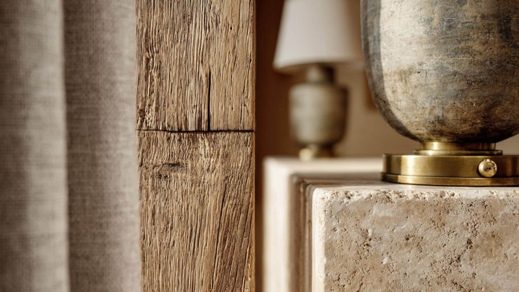 Detalle de materiales nobles: madera envejecida y travertino natural. Interiorismo que envejece con belleza.