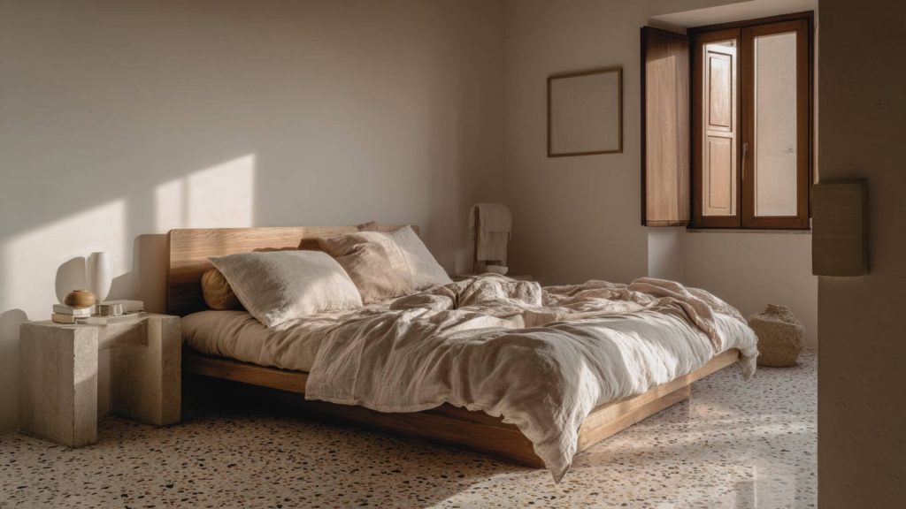 Dormitorio con luz natural, suelo de terrazo y textiles de lino, diseñado por Fran Linares. Interiorismo en Sevilla con estética cálida y realista.