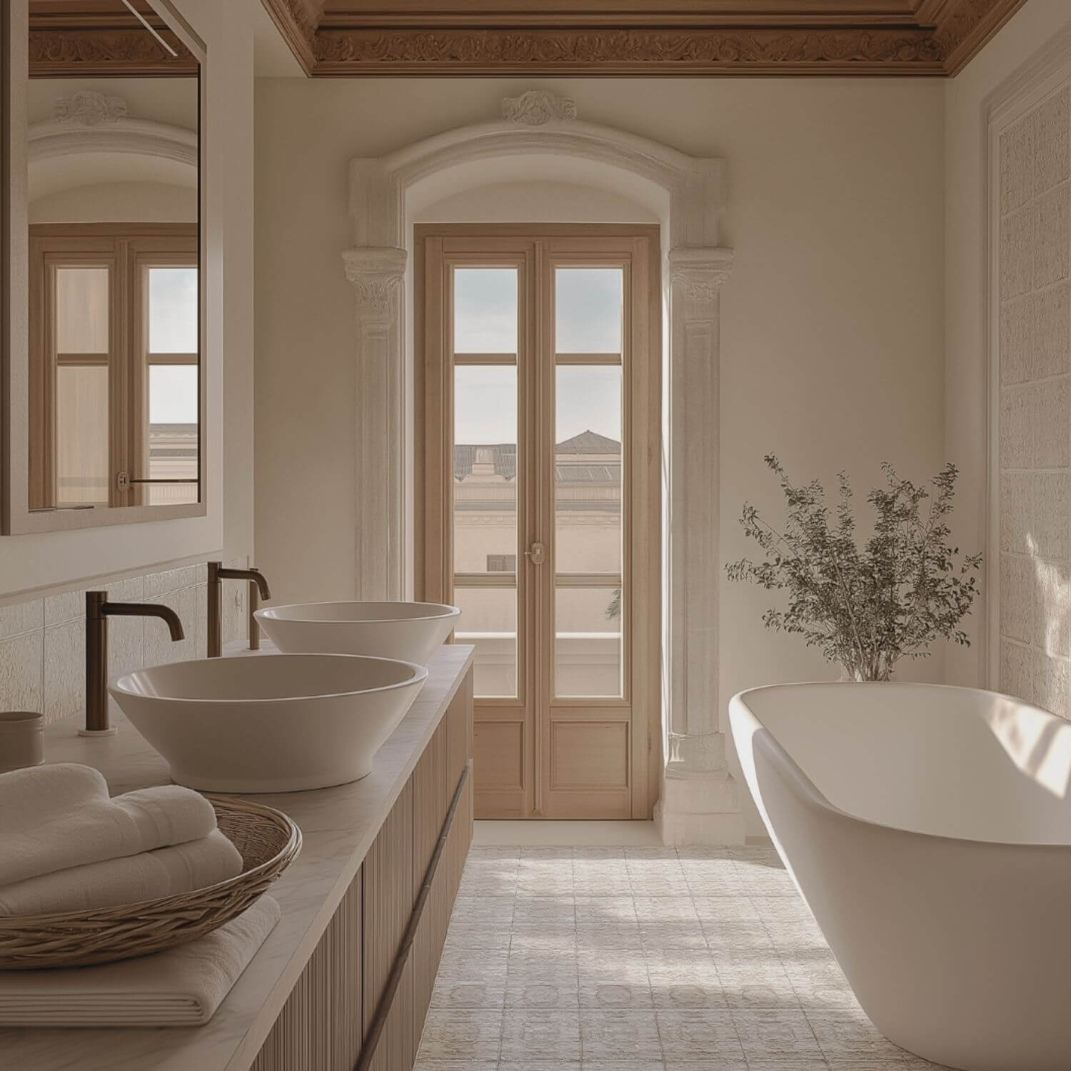 Baño con materiales nobles y luz natural diseñado por Fran Linares en Sevilla. Interiorismo sobrio, cálido y funcional.