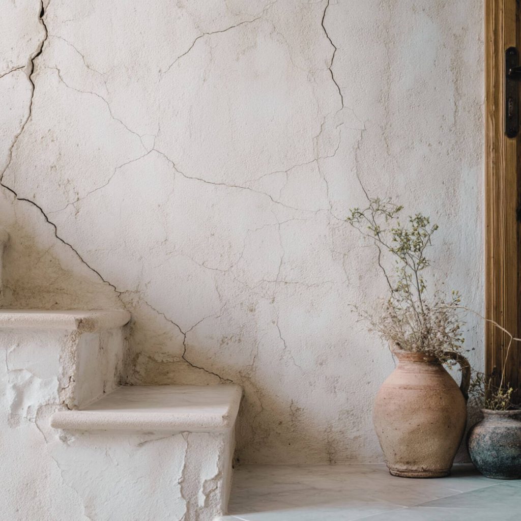 Pared con grietas y jarra de barro junto a escalones antiguos, ejemplo de arquitectura andaluza con historia. interiorismo humedad