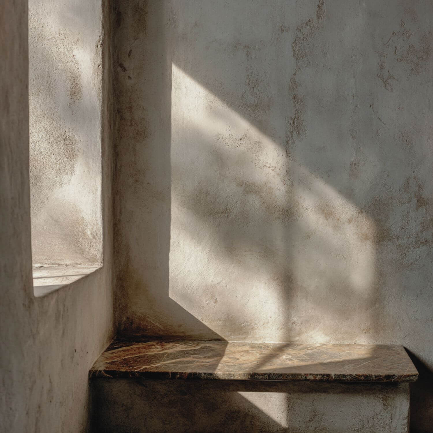 Pared de cal con textura e iluminación natural, interiorismo andaluz con materiales honestos. Interiorismo humedad.