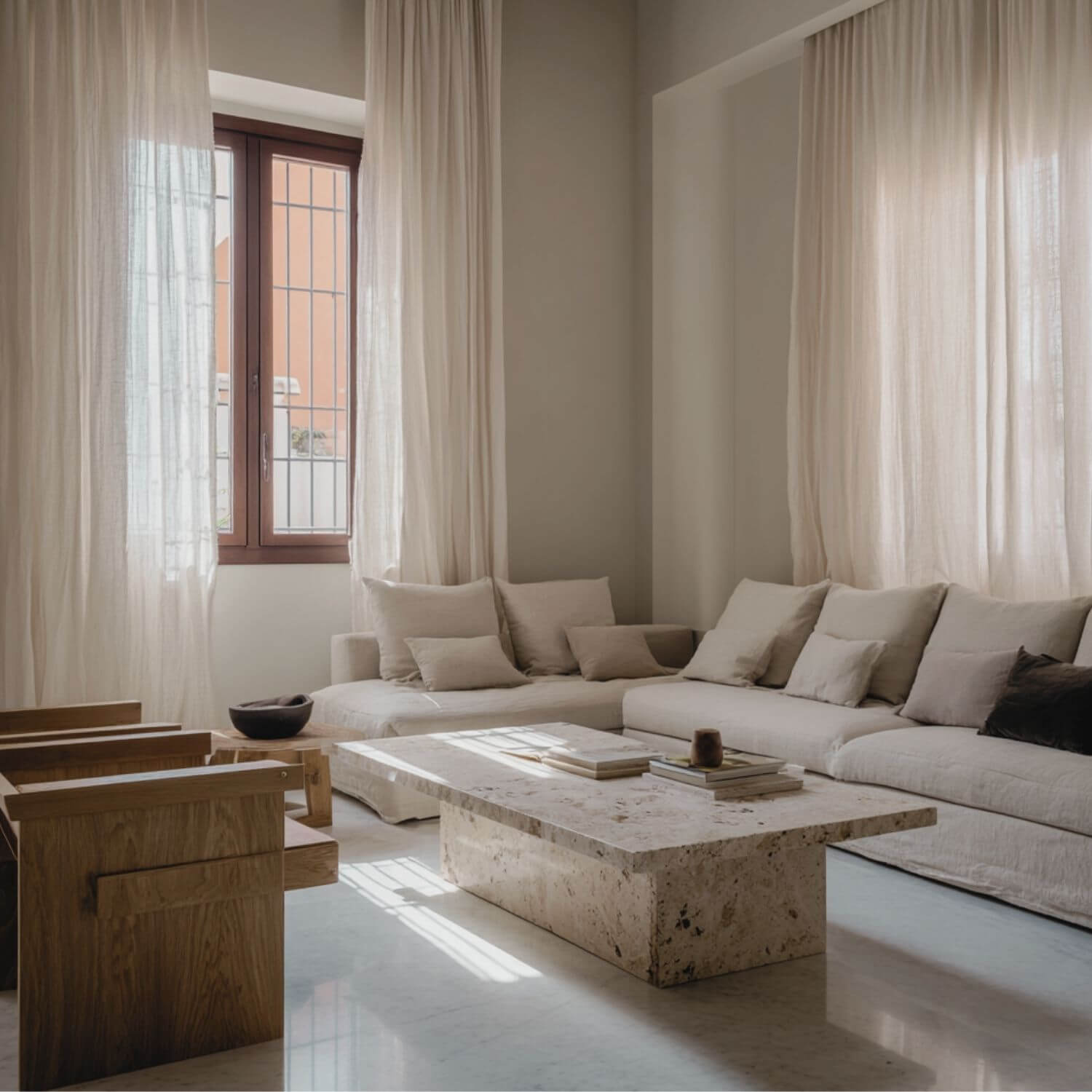 Salón con materiales naturales y luz suave. Interiorismo que envejece con elegancia y sin artificio.