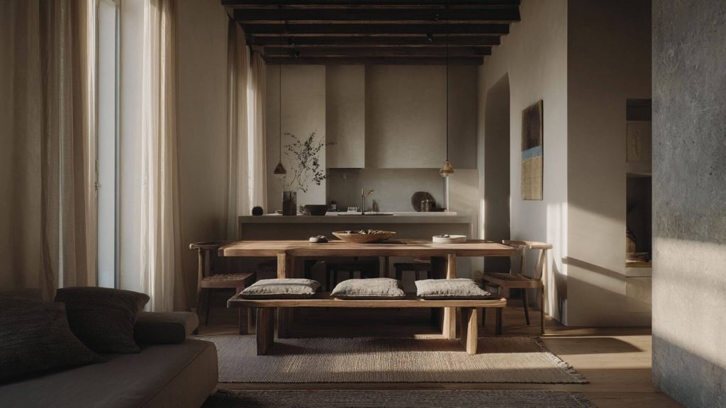 Salón comedor minimalista en tonos cálidos diseñado con madera natural y luz rasante, estilo Fran Linares – Interiorista en Sevilla.