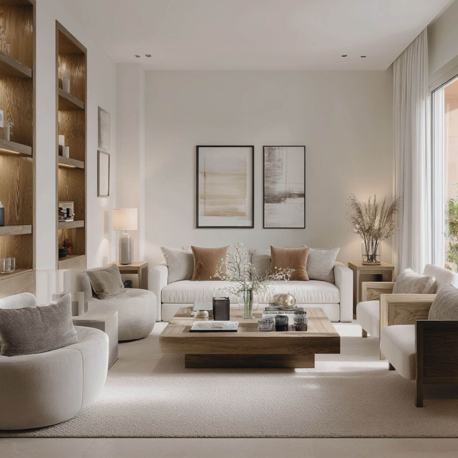 Interiorismo en Sevilla: salón equilibrado y bien distribuido, con diseño cálido y funcional.