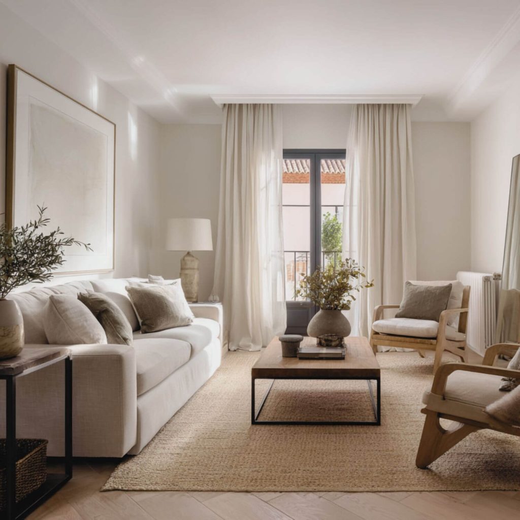 Diseño de salón con distribución fluida, luz natural y mobiliario proporcionado. Interiorismo en Sevilla.
