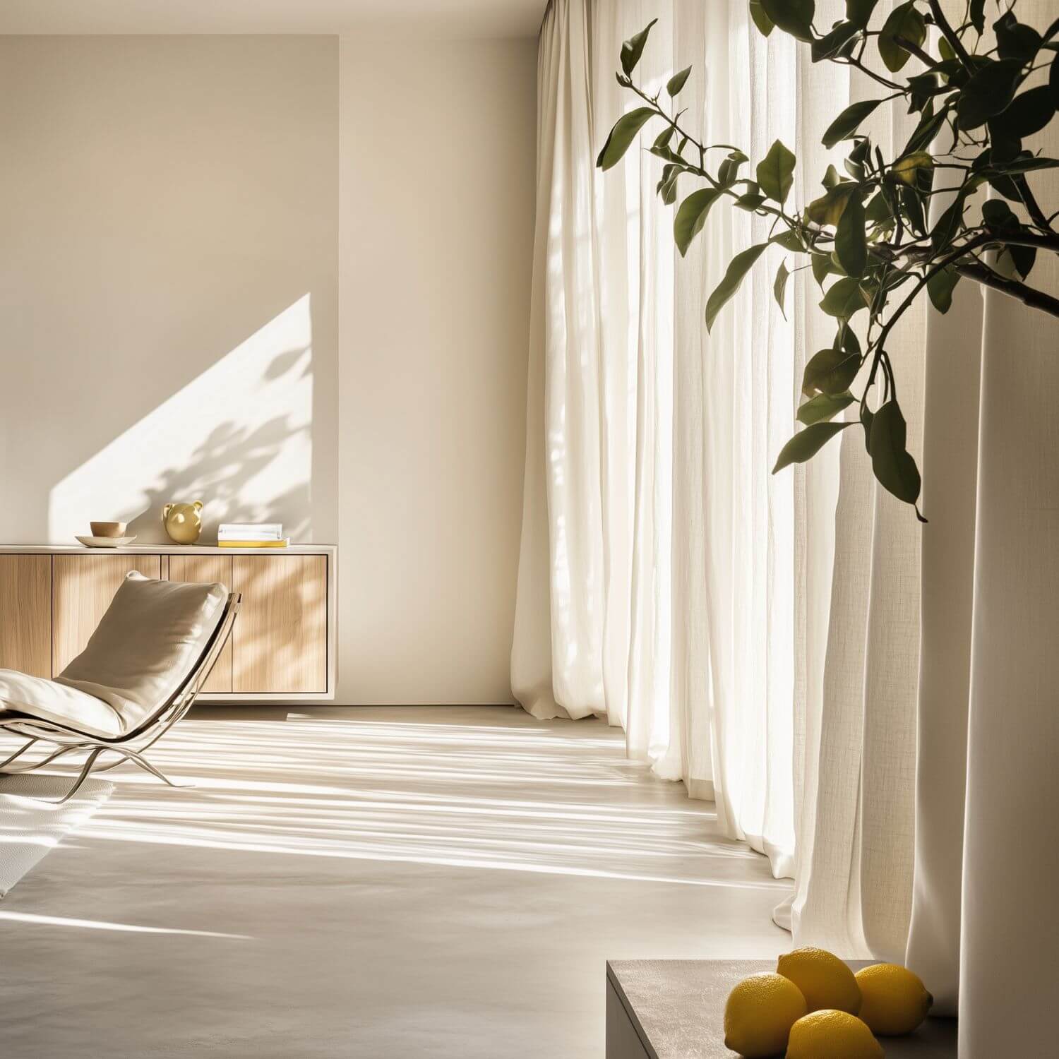 Interior minimalista en blanco cálido, uso real de Cloud Dancer Pantone 2026, luz natural, estética editorial.