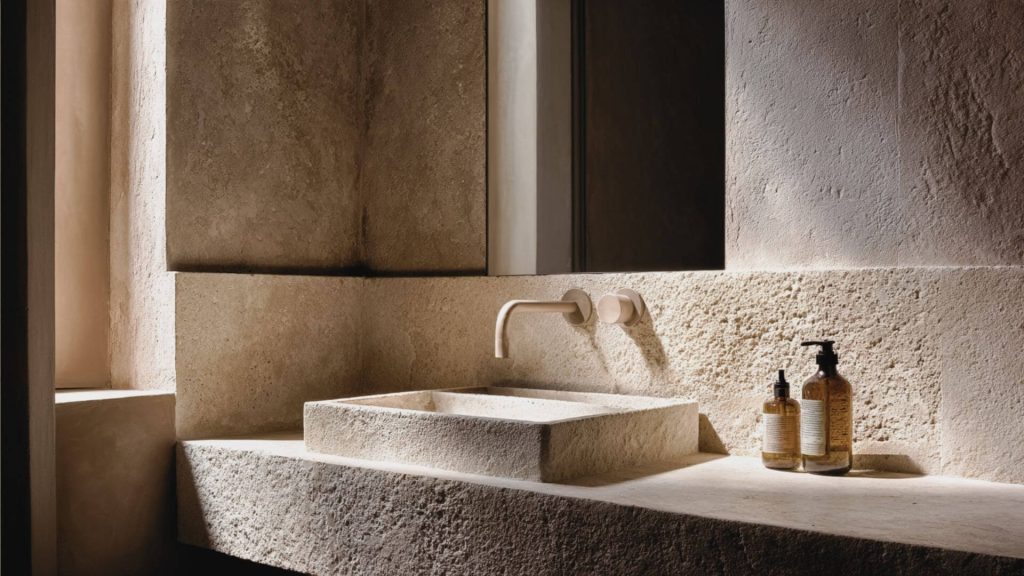 Baño minimalista en Sevilla con materiales nobles y luz cálida. Diseño de interiorismo editorial y realista.