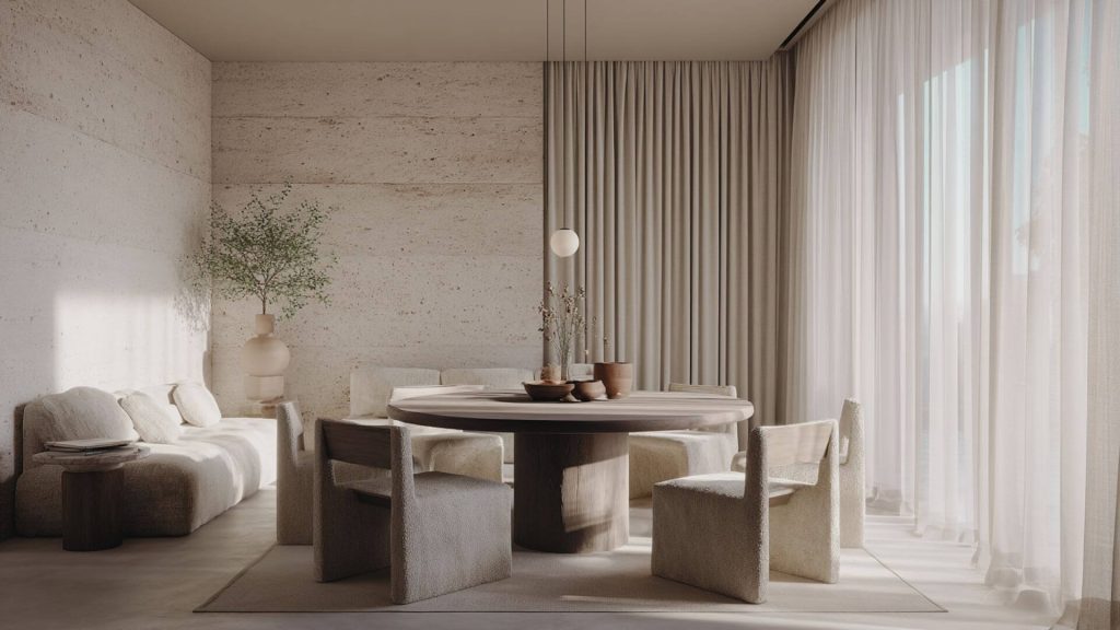 Salón editorial de un espacio diseñado en Sevilla, luz suave y materiales cálidos.