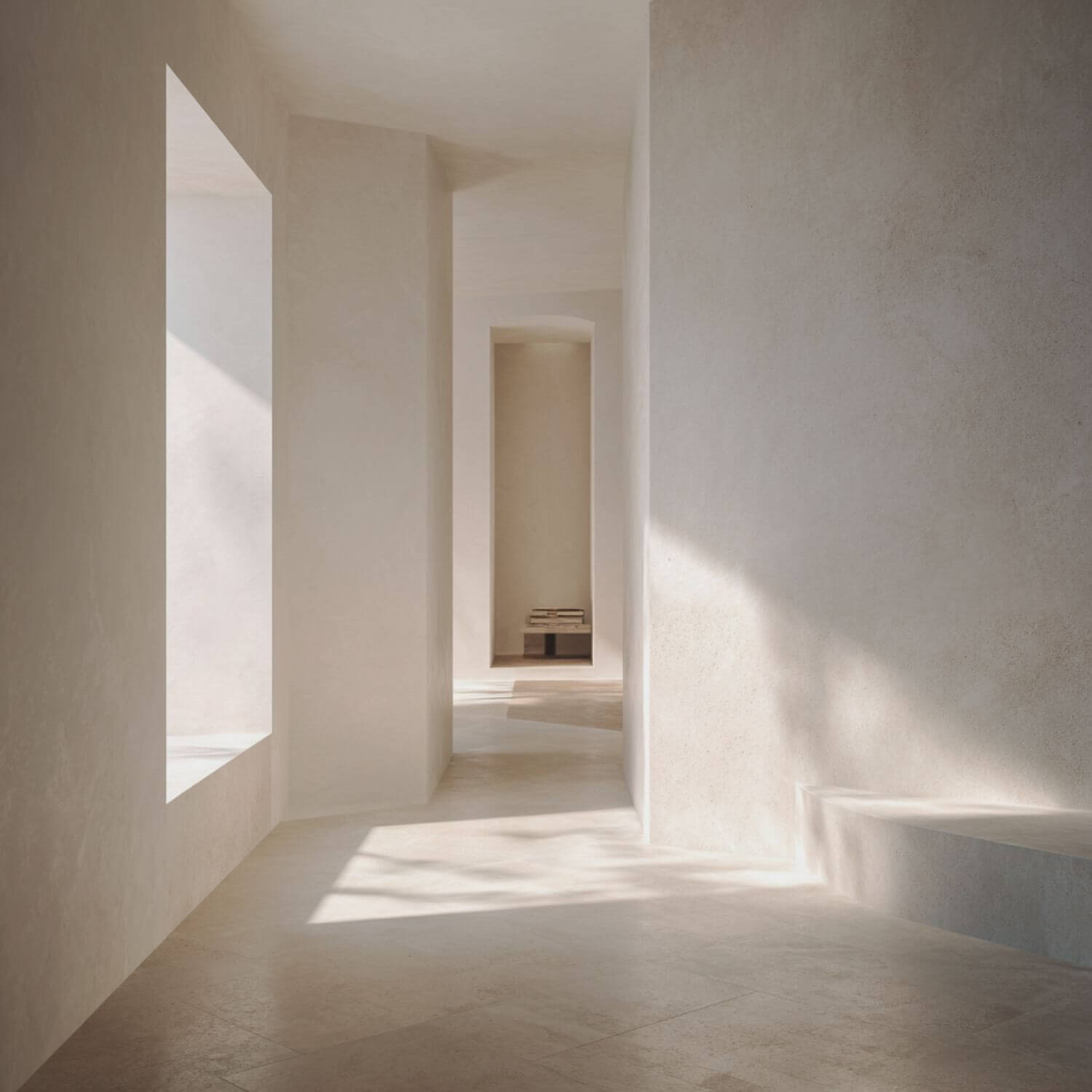 Interior litúrgico en vivienda de Sevilla con arquitectura silenciosa, luz natural y volúmenes depurados.