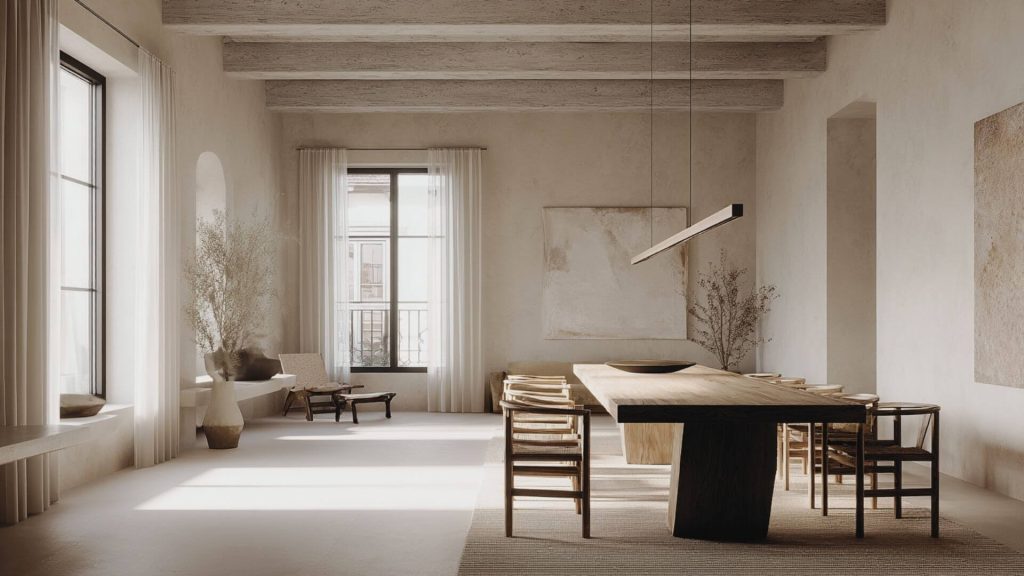 Salón-comedor litúrgico en Sevilla con mesa de roble, luz natural filtrada y estética monacal. Interiorismo Sevilla