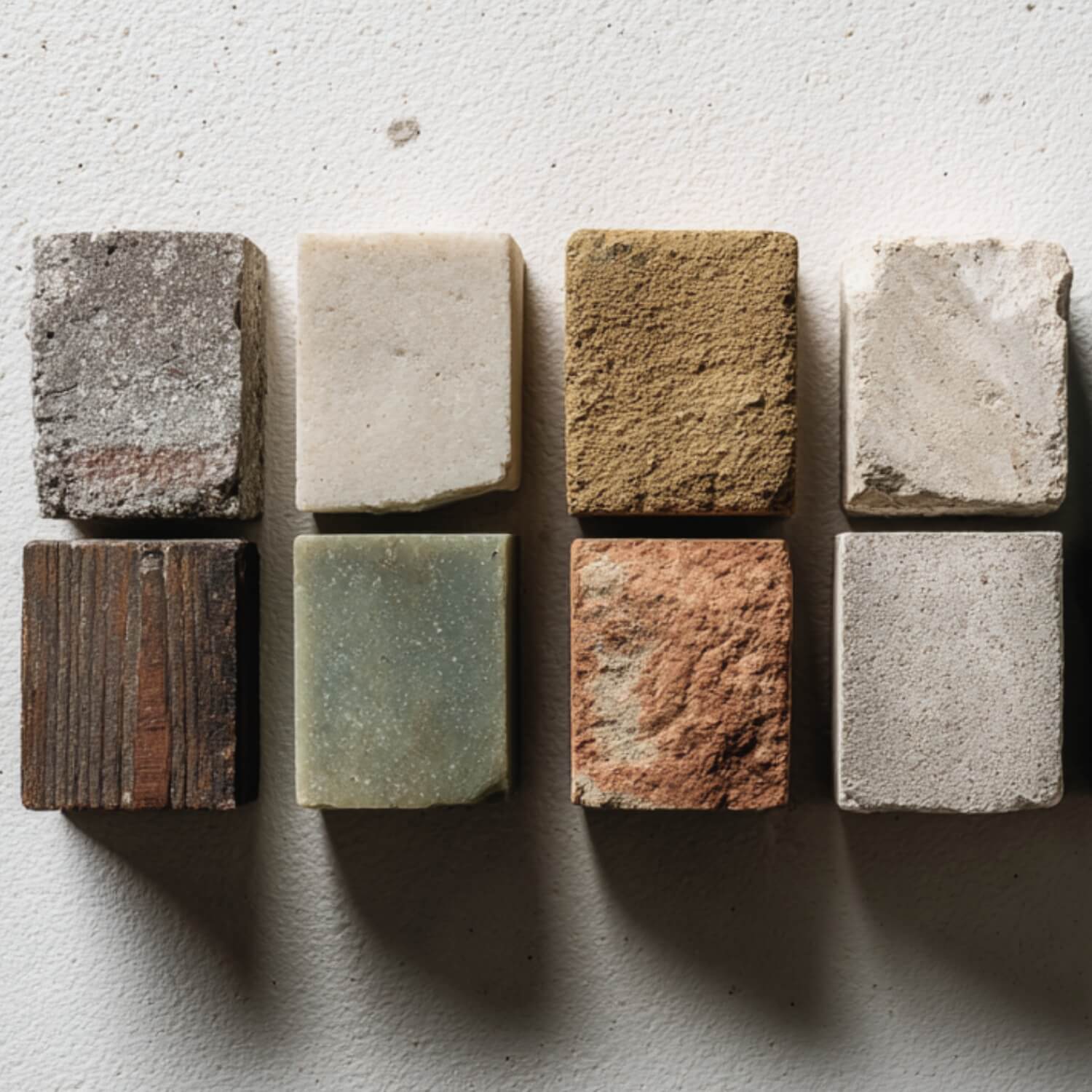 Interiorismo en Sevilla inspirado en Andalucía: composición editorial con ocho bloques de materiales naturales que representan las ocho provincias del sur, con luz cálida y estética curatorial.