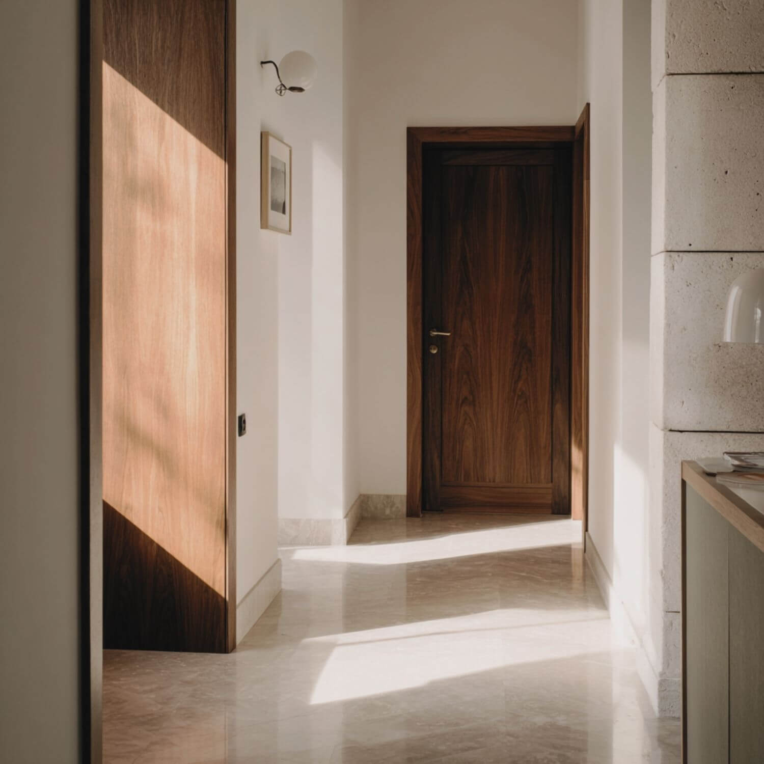 Pasillo de vivienda en Sevilla con luz natural entrando en diagonal sobre suelos pulidos y puertas de madera oscura, diseño interior cálido y sobrio.