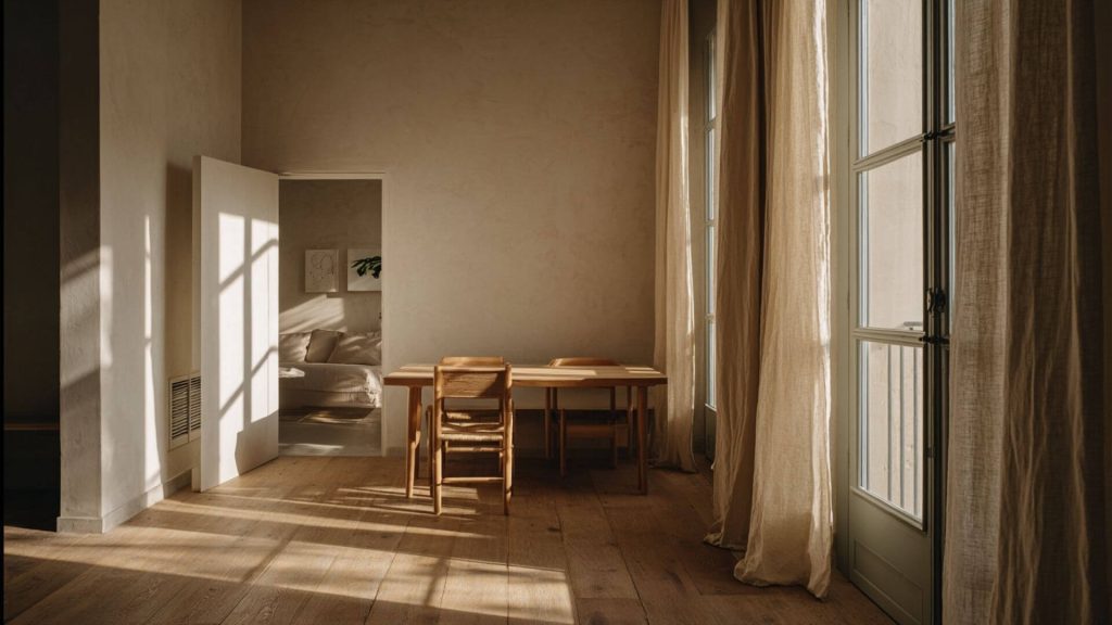 Comedor minimalista en vivienda reformada en Sevilla con interiorismo sobrio, madera clara y luz natural entrando por balconeras. Interiorismo Sevilla.