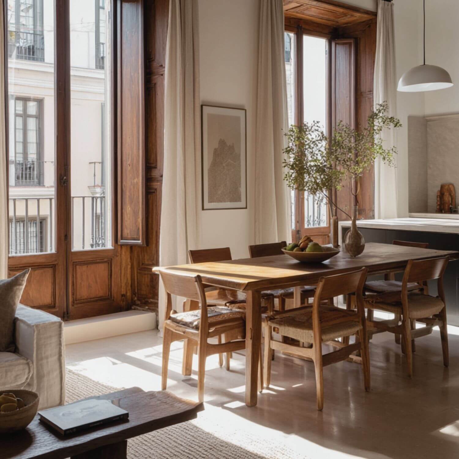Comedor en vivienda reformada en Sevilla con interiorismo cálido, luz natural y mobiliario de madera integrado en el espacio.