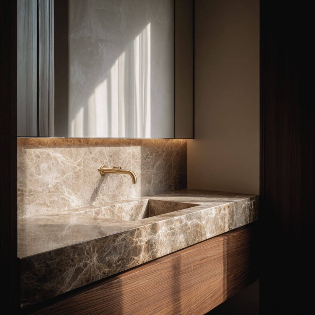 Lavabo de piedra con grifería dorada en proyecto de interiorismo en Sevilla.