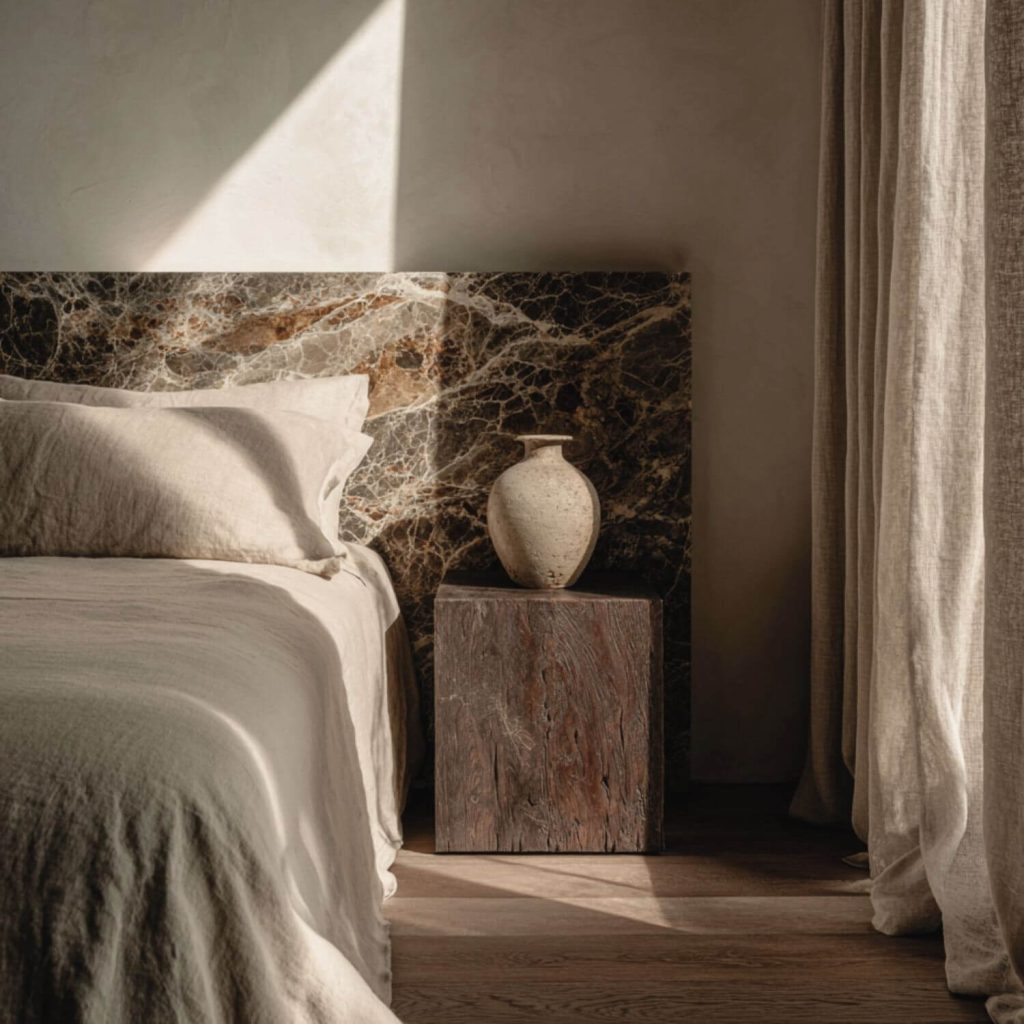 Cabecero de piedra natural en dormitorio de proyecto de interiorismo en Sevilla.