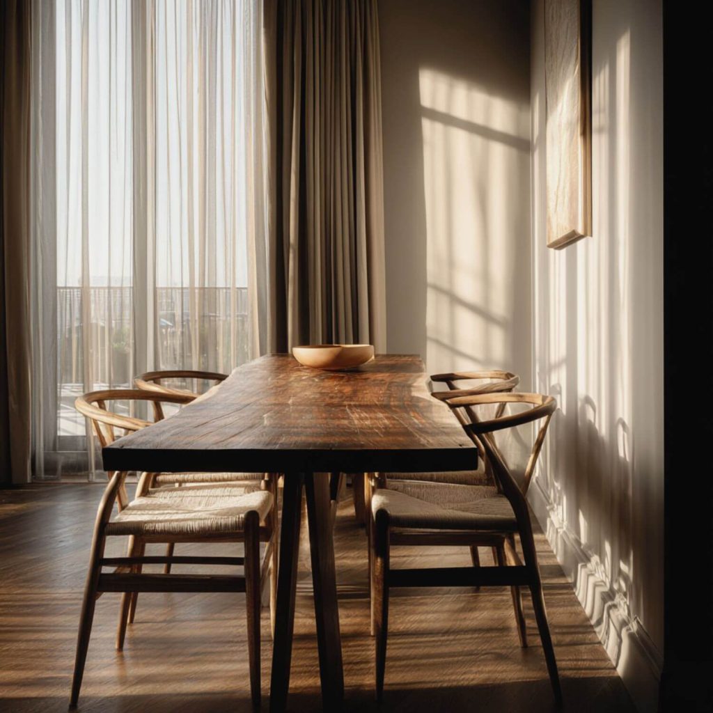 Comedor con mesa de madera maciza y sillas de madera en proyecto de interiorismo en Sevilla.