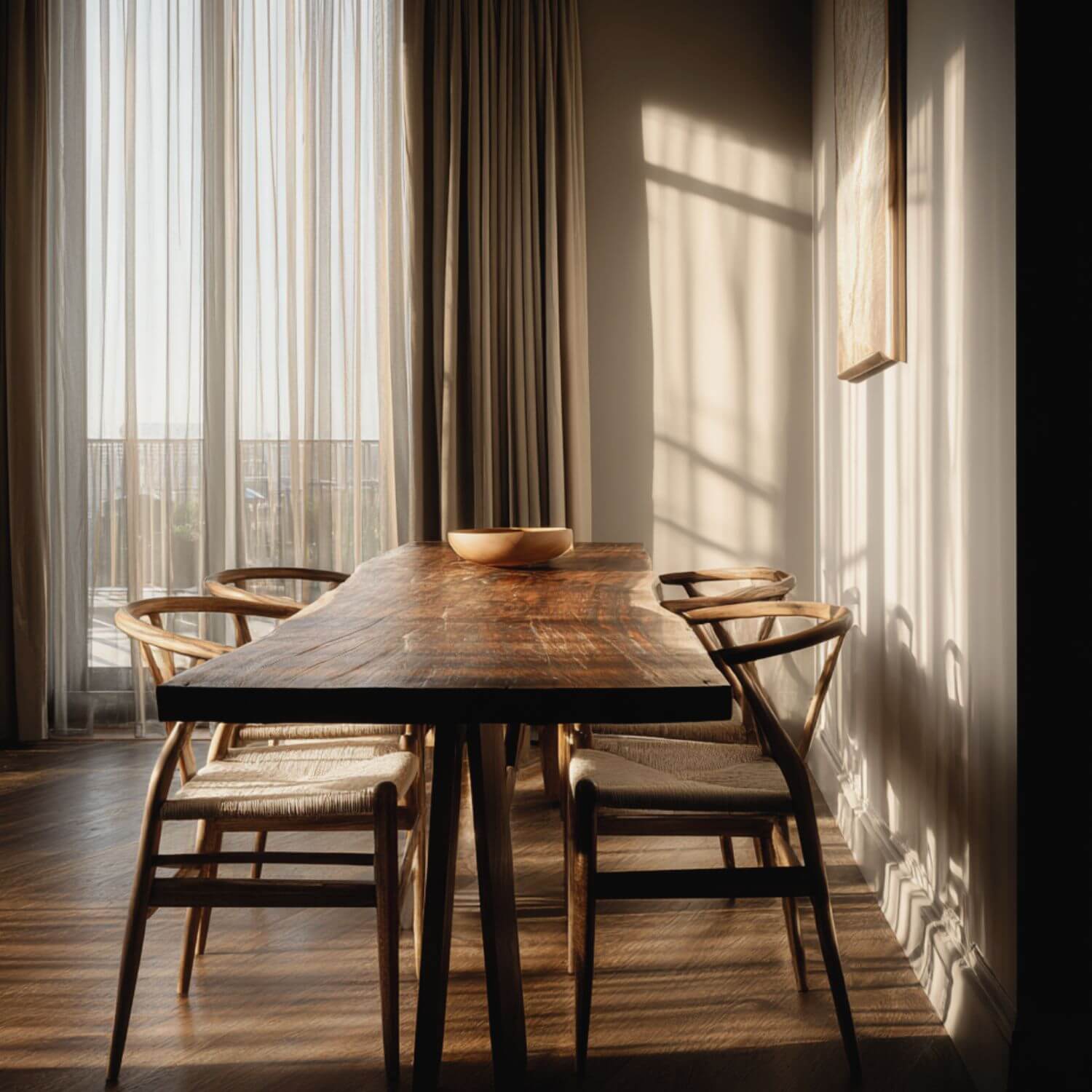 Comedor con mesa de madera maciza y sillas de madera en proyecto de interiorismo en Sevilla.