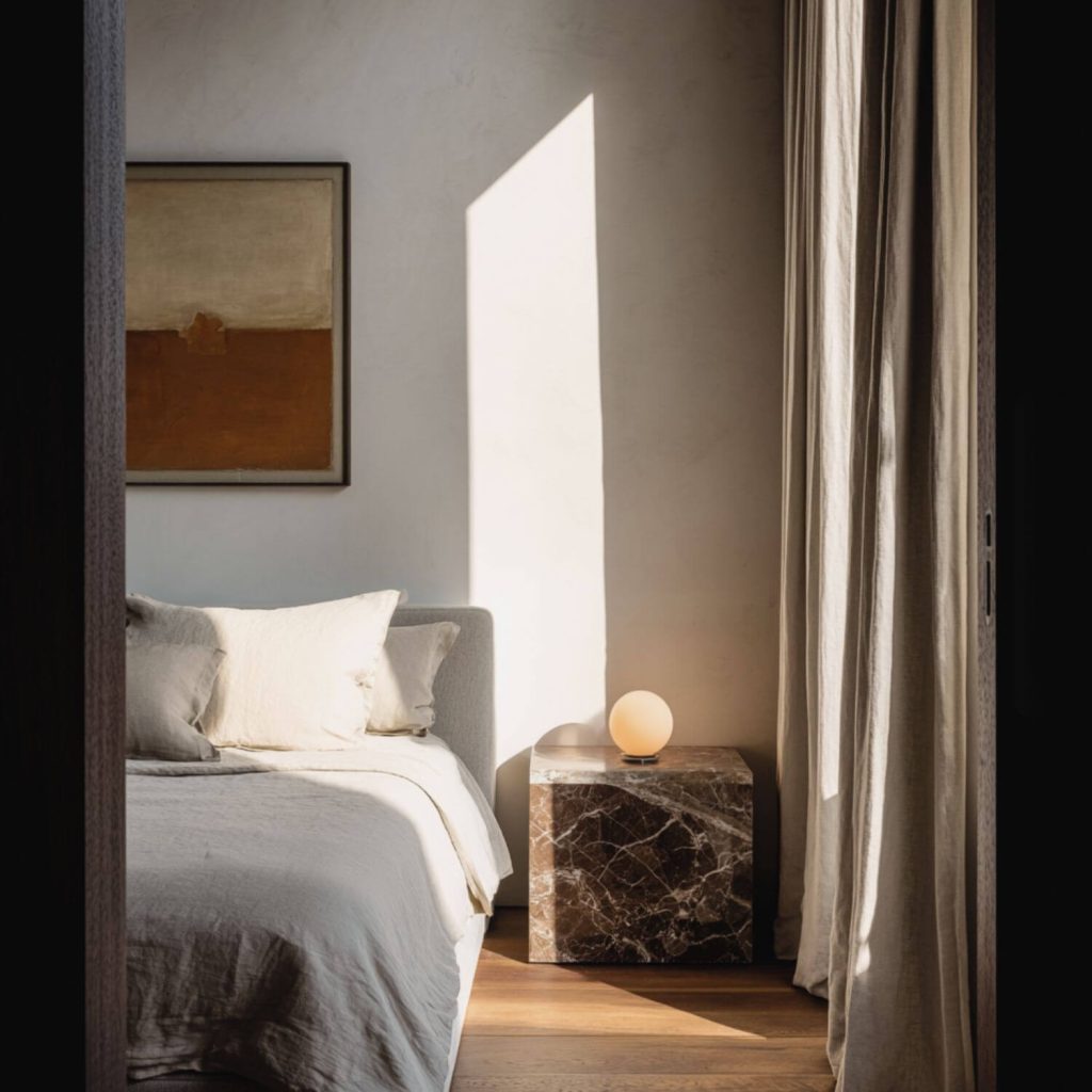 Dormitorio con textiles neutros y mesa auxiliar de piedra en proyecto de interiorismo en Sevilla.