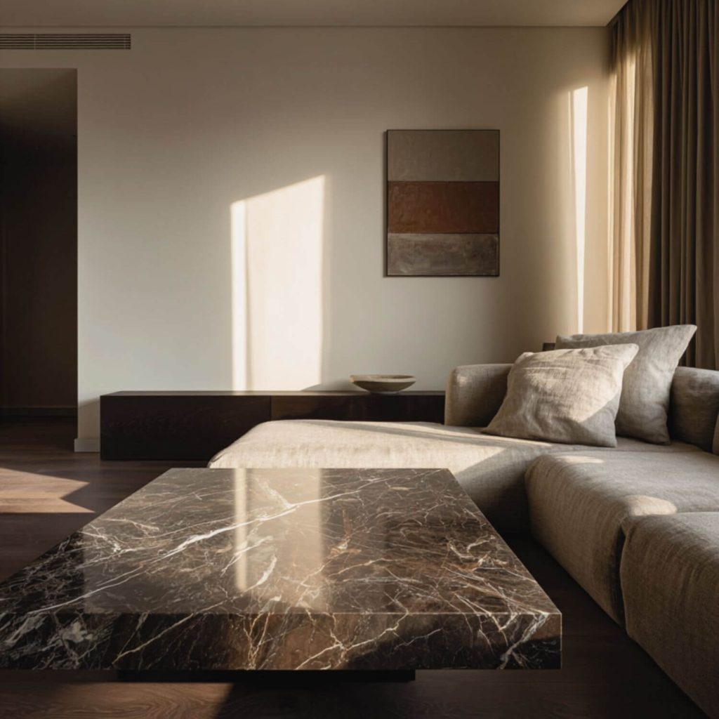 Salón con sofá neutro y mesa de centro de piedra en proyecto de diseño de interiores en Sevilla.