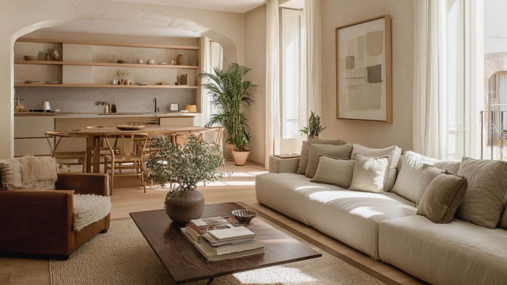 Proyecto de interiorismo en Sevilla con salón y cocina abierta tras una reforma integral, con diseño cálido, materiales naturales y distribución coherente.