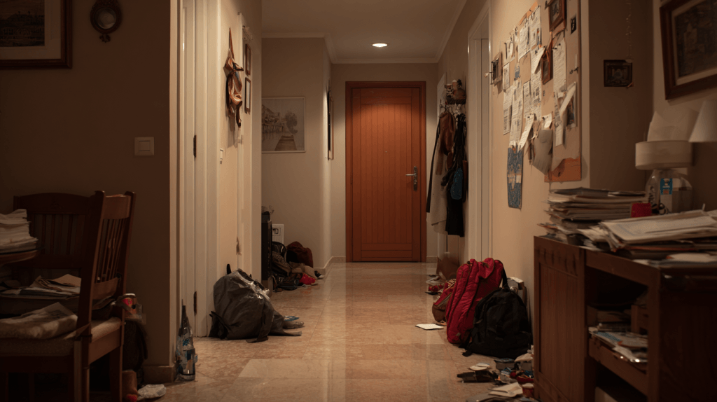 Interiorismo en Sevilla en pasillo de vivienda con acumulación de objetos y falta de organización en el espacio doméstico.